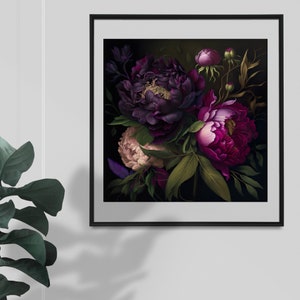 Set of 4 Peony Dark Botanical Wall Art Moody Floral Print Dark Boho ...