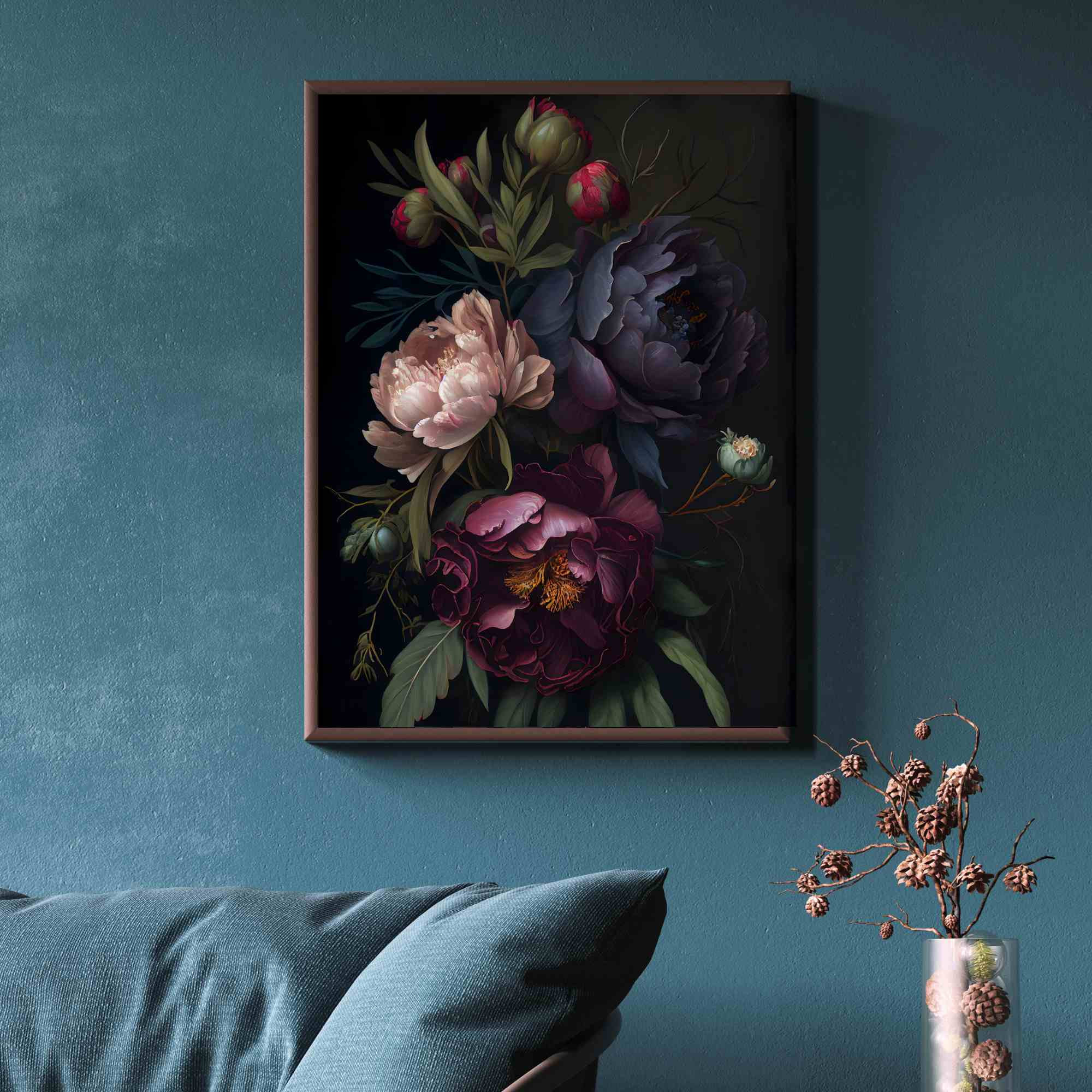 Peony Dark Botanical Wall Art Moody Floral Print Dark Boho Decor ...