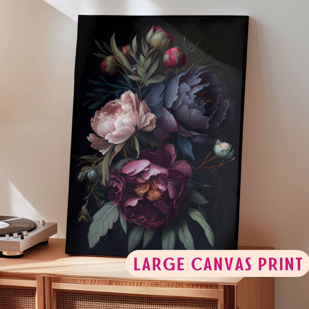 Peony Dark Botanical Wall Art Moody Floral Canvas Print Dark Boho Decor ...