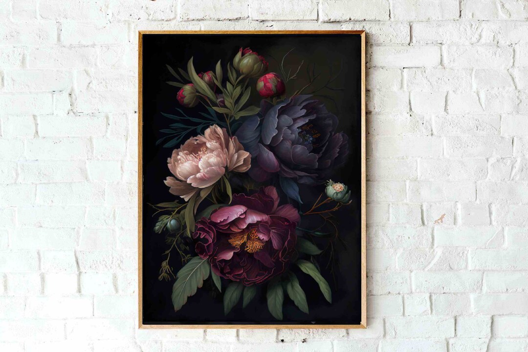 Moody Floral Painting Peony Dark Botanical Wall Art Poster - Etsy