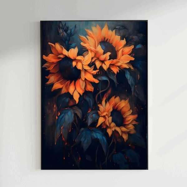 Sunflower Printable Painting Floral Wall Art Dark Botanical Decor Boho Art Trendy Wall Art Gift Airbnb Wall Art Airbnb Decor City Loft Decor