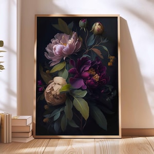 Peony Moody Wall Art Print Dark Academia Decor Moody Floral Print Dark Floral Print Botanical Print Dark Background Gift for first Home