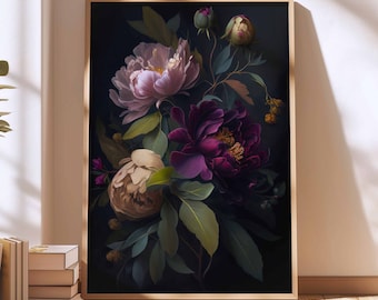 Peony Moody Wall Art Print Dark Academia Decor Moody Floral Print Dark Floral Print Botanical Print Dark Background Gift for first Home
