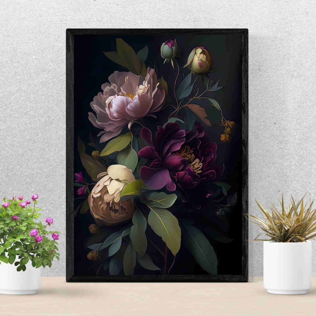 Peony Dark Botanical Wall Art Moody Floral Print Dark Boho Decor ...