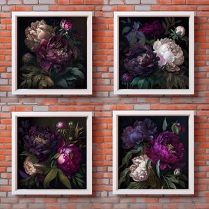 Set of 4 Peony Dark Botanical Wall Art Moody Floral Print Dark Boho ...