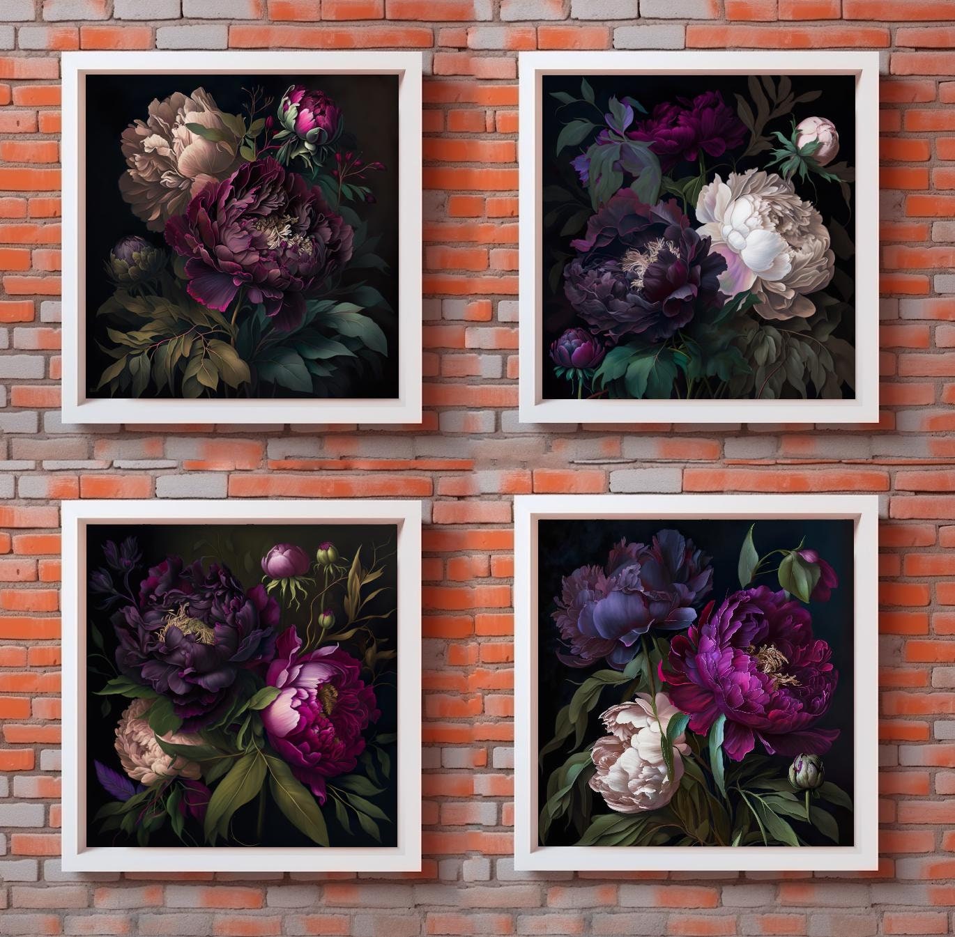 Set of 4 Peony Dark Botanical Wall Art Moody Floral Print Dark Boho ...