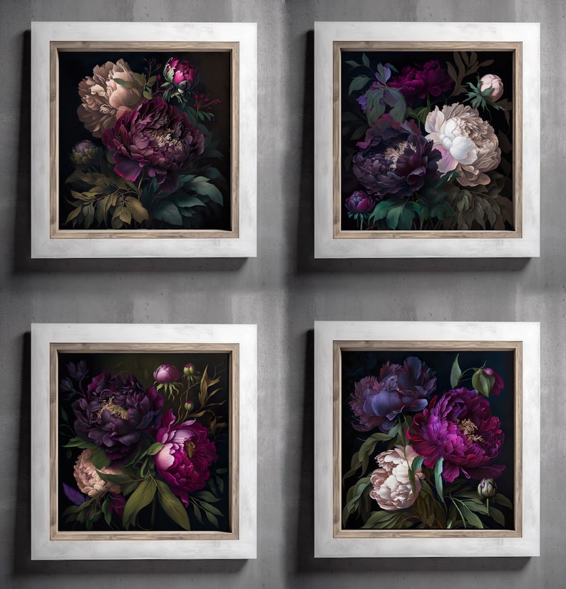 Set of 4 Peony Dark Botanical Wall Art Moody Floral Print Dark Boho ...