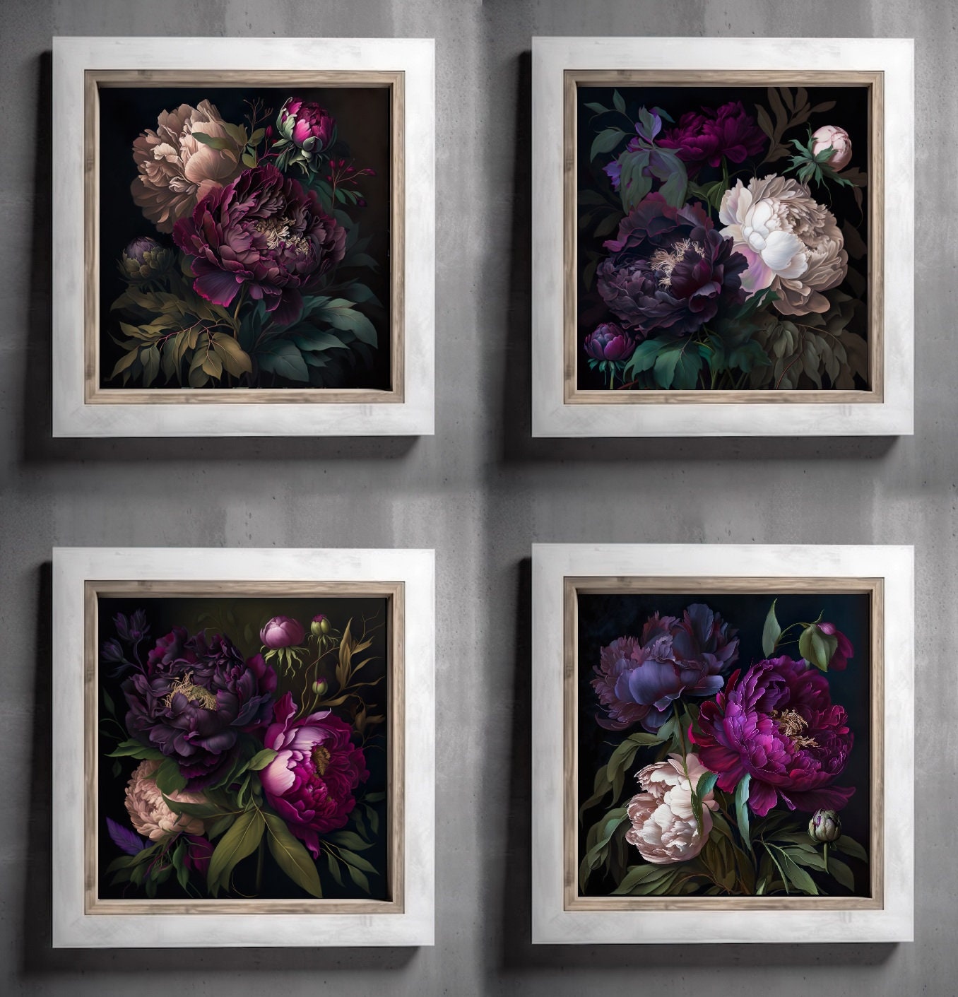 Set of 4 Peony Dark Botanical Wall Art Moody Floral Print Dark Boho ...