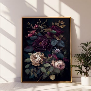 Stämningsfull blommålning mörk botanisk väggkonstposter mörk bohemisk dekor vintageinspirerad rosmålning stämningsfull heminredning mörk akademisk tryck