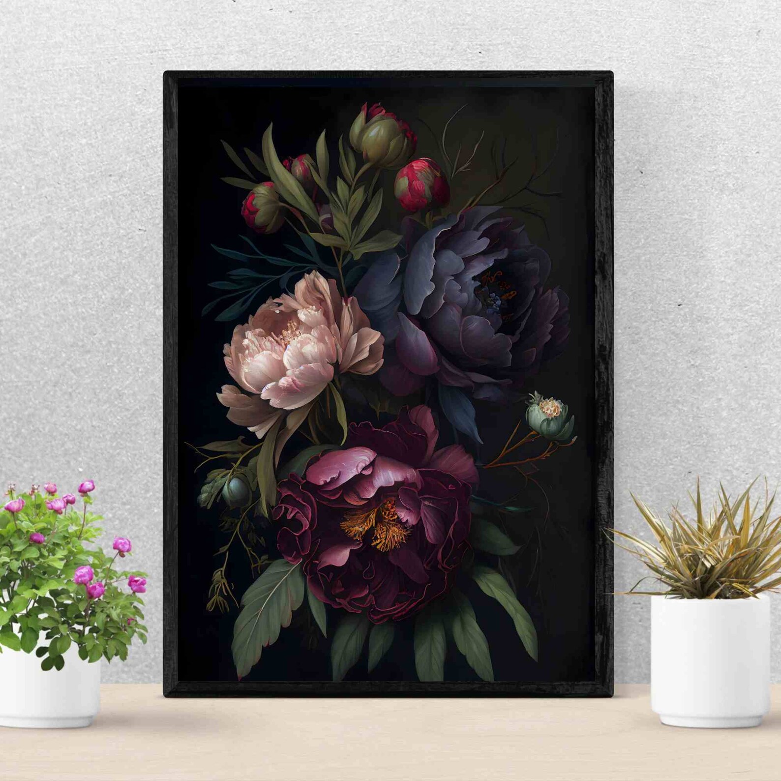 Peony Dark Botanical Wall Art Moody Floral Print Dark Boho Decor ...