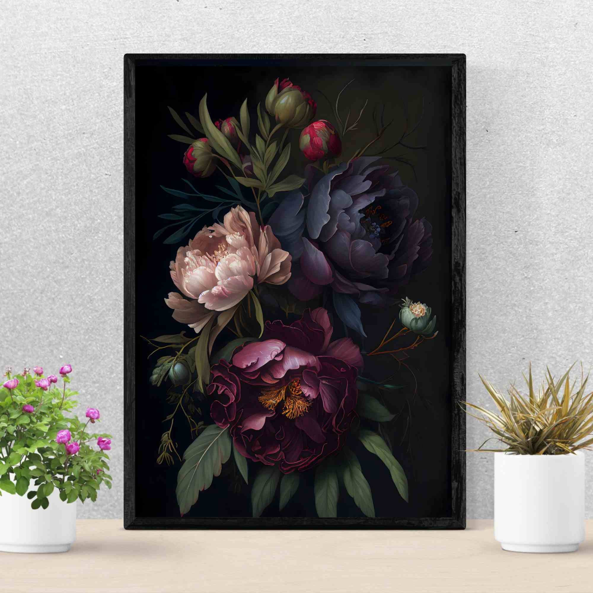 Peony Dark Botanical Wall Art Moody Floral Print Dark Boho Decor ...