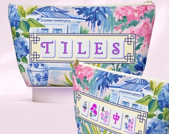 Mahjong Pouch Small Purse Zipper Accessory Bag for Mahj Tiles Game Night Organizer Floral Storage Case Gift Idea Mahjong Player Travel Bag
