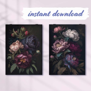 Set of 2 Peony Dark Botanical Wall Art Moody Floral Print Dark Boho Decor Vintage Printable Painting Gothic Decoration Dark Academia Print