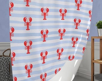 Trendy Shower Curtain Blue Striped Lobster Print Coastal Bathroom Decor Beach House Shower Curtain Nautical Theme Gift for Ocean Lover Retro