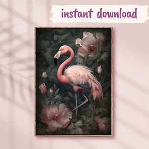 Rosa Flamingo-Druck Flamingo-Dekor druckbare Malerei Stimmungsvolle Blumenwand-Vogel-Wand-Kunst-Druck Dunkle Academia-Dekor Dunkel Boho-Dekor-Schlafzimmer