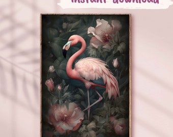 May include: A pink flamingo stands in a lush green jungle with pink flowers. The flamingo is facing left and has its head turned to the right. The background is dark green and the flowers are in bloom.