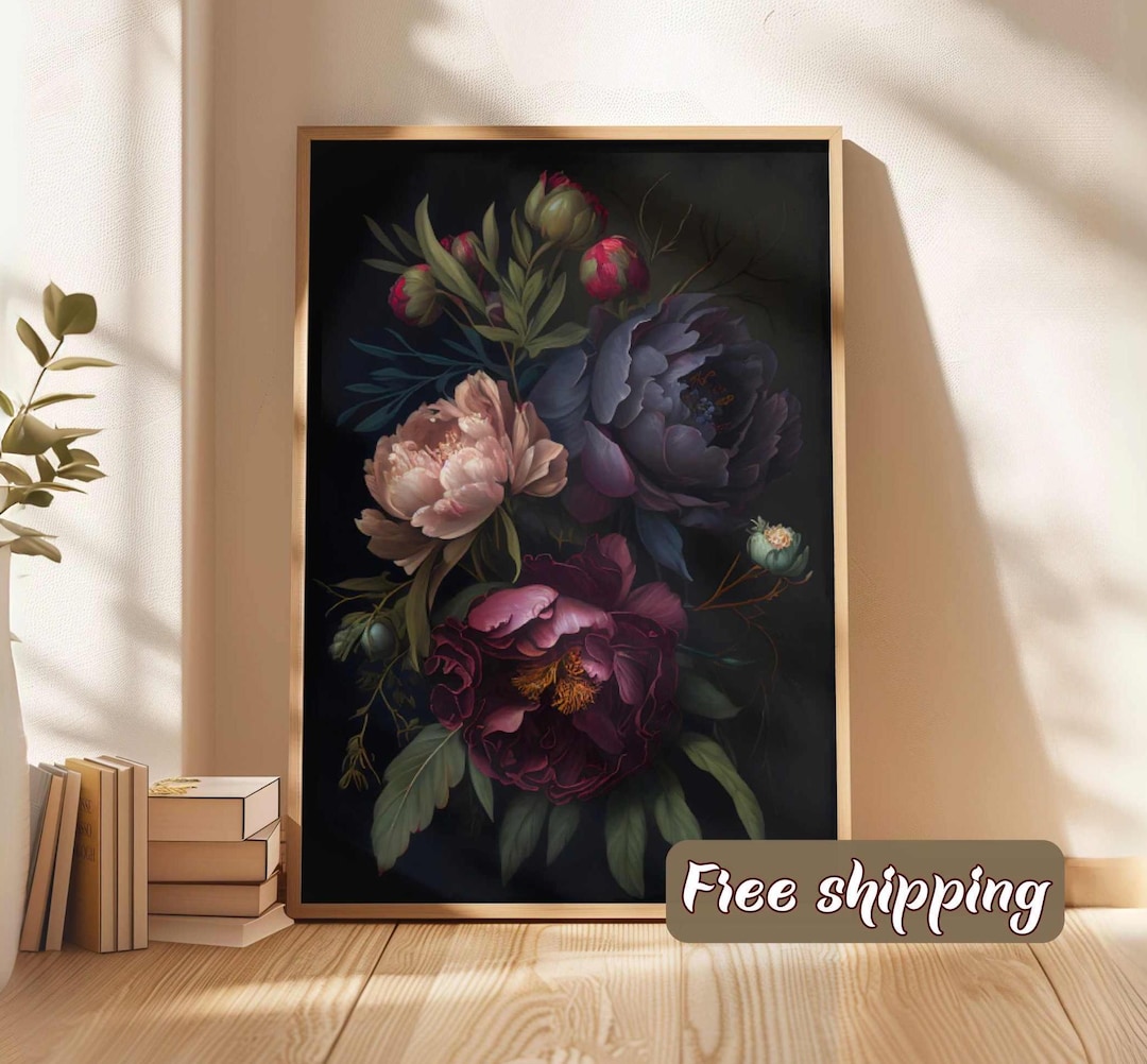 Moody Floral Painting Peony Dark Botanical Wall Art Poster Dark Boho ...