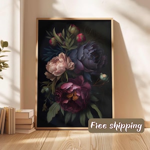Peinture florale de mauvaise humeur pivoine botanique foncé affiche d'art mural déco bohème sombre vintage impression de fleurs peinture décoration d'intérieur sombre sombre art universitaire