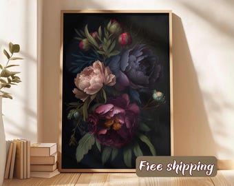 Moody Floral Painting Peony Dark Botanical Wall Art Poster Dark Boho Decor Vintage Flower Print Painting Moody Home Decor Dark Academia Art