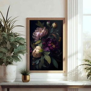 Peony Dark Botanical Wall Art Moody Floral Print Dark Boho Decor ...