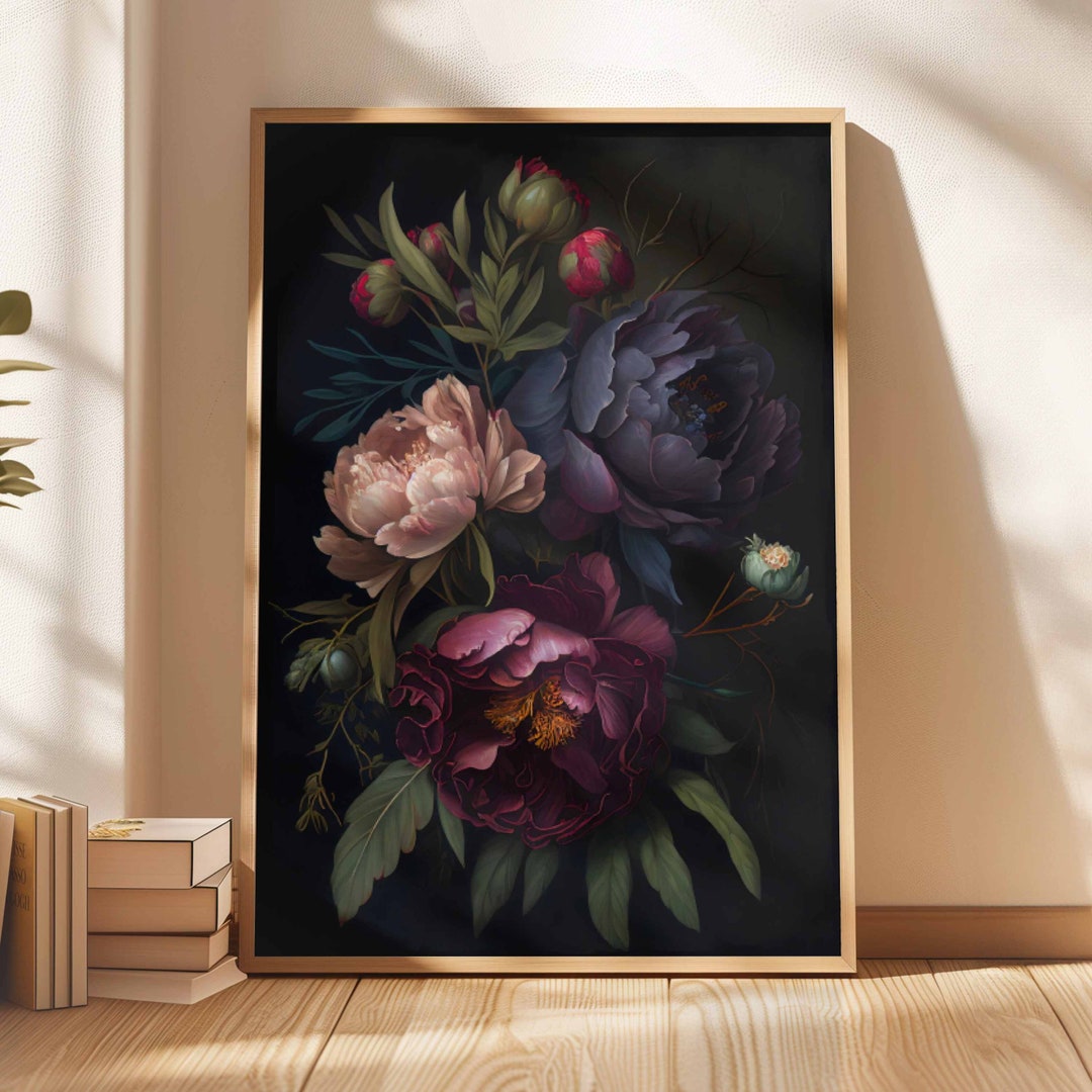 Moody Floral Painting Peony Dark Botanical Wall Art Poster Dark Boho ...