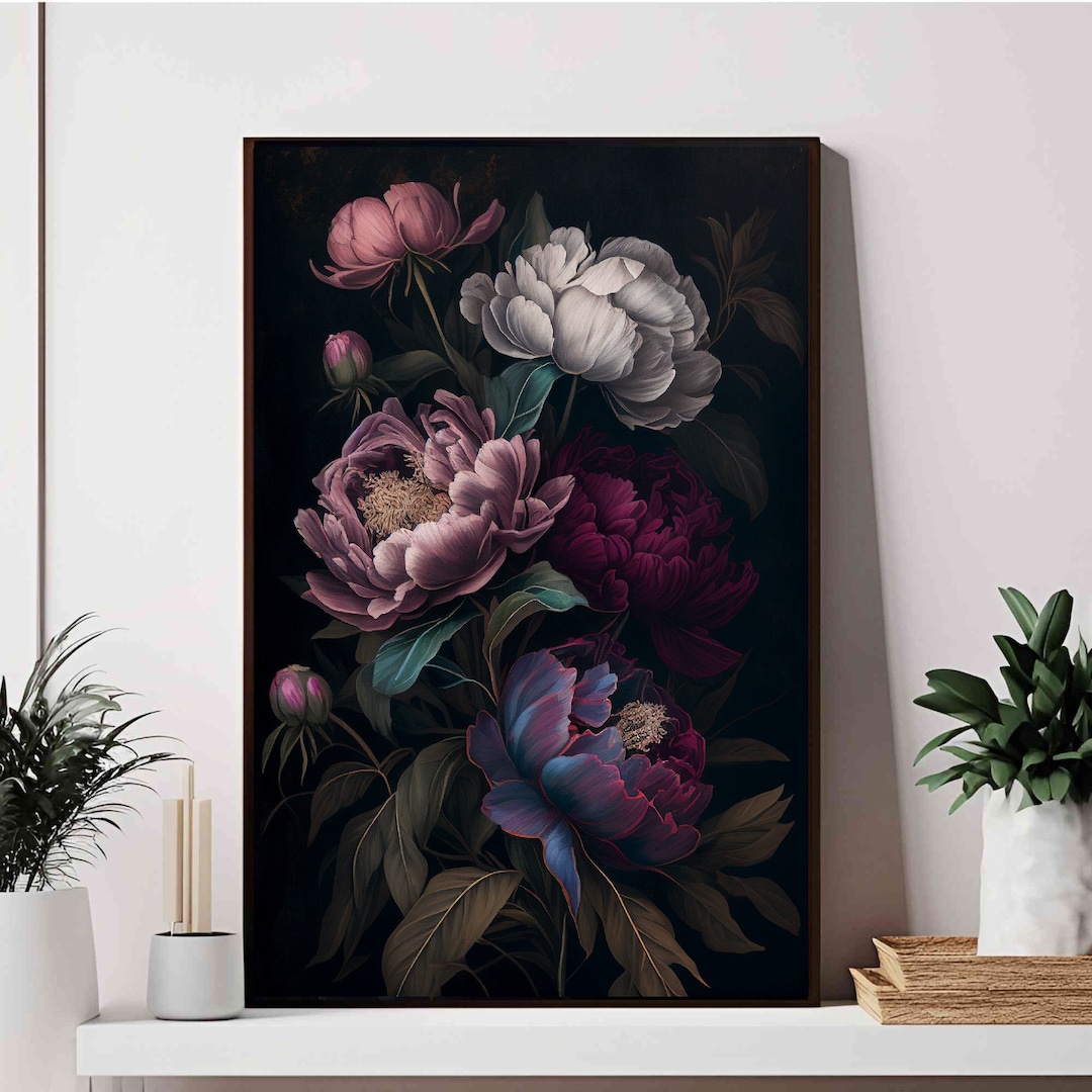 Moody Floral Painting Peony Dark Botanical Wall Art Rolled Poster Dark ...