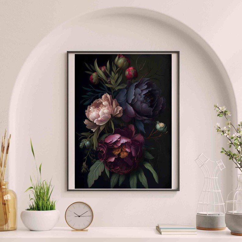 Peony Dark Botanical Wall Art Moody Floral Print Dark Boho Decor ...