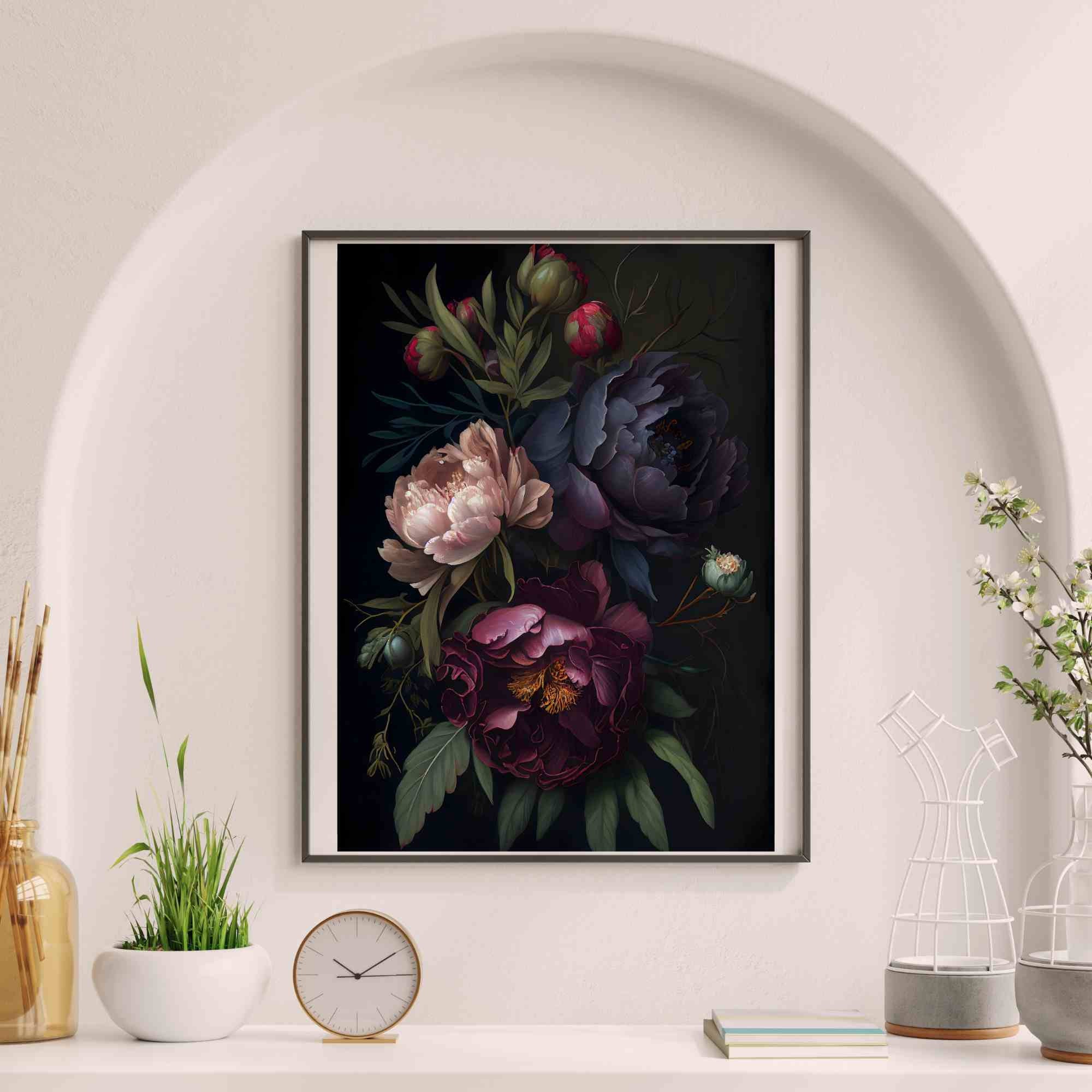 Peony Dark Botanical Wall Art Moody Floral Print Dark Boho Decor ...