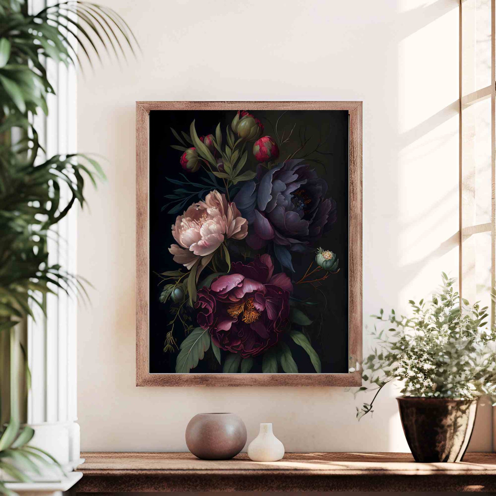 Peony Dark Botanical Wall Art Moody Floral Print Dark Boho Decor ...