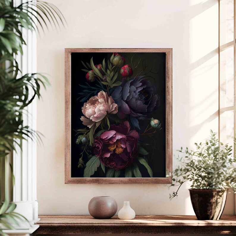 Peony Dark Botanical Wall Art Moody Floral Print Dark Boho Decor ...