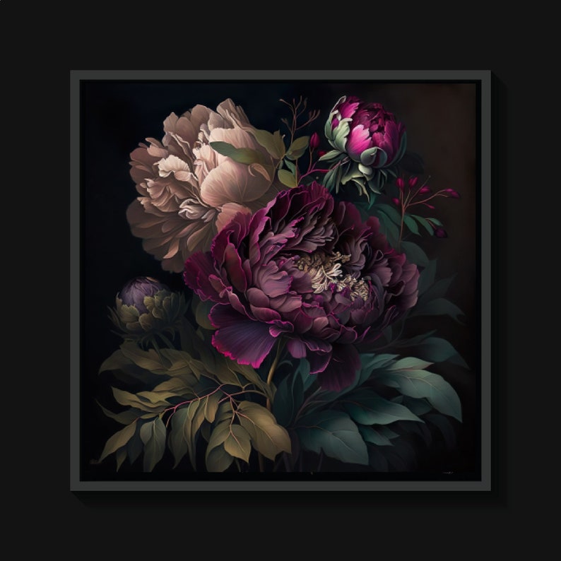 Set of 4 Peony Dark Botanical Wall Art Moody Floral Print Dark Boho ...