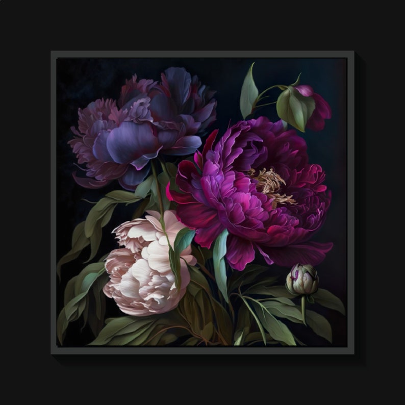 Set of 4 Peony Dark Botanical Wall Art Moody Floral Print Dark Boho ...