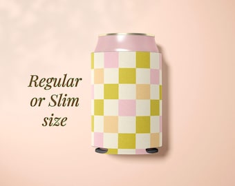 Checkered Can Cooler Slim Can Sleeve Skinny Can Holder Beach Trip Accessory 12 oz Tall Can Retro Checkered Drink Insulator Girl Cruise Day