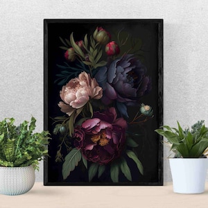 Moody Floral Painting Peony Dark Botanical Wall Art Poster Dark Boho Decor Vintage Flower Canvas Painting Moody Home Decor Dark Academia Art