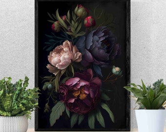 Moody Floral Painting Peony Dark Botanical Wall Art Poster Dark Boho Decor Vintage Flower Canvas Painting Moody Home Decor Dark Academia Art