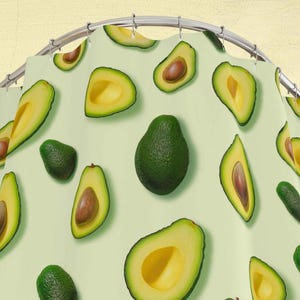 Green Tropical Shower Curtain Blue Bathroom Decor Realistic Fruit Print Avocado Shower Curtain Colorful Veggie Fun Bath Curtain Summer House