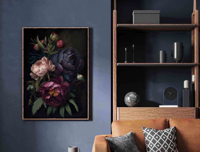 Peony Dark Botanical Wall Art Moody Floral Print Dark Boho Decor ...