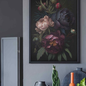 Moody Floral Painting Peony Dark Botanical Wall Art Poster - Etsy