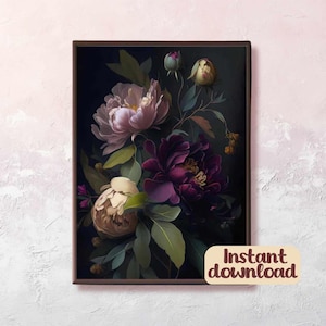 Peony Dark Botanical Wall Art Moody Floral Print Dark Boho Decor Vintage Inspired Printable Painting Gothic Home Decor Dark Academia Print