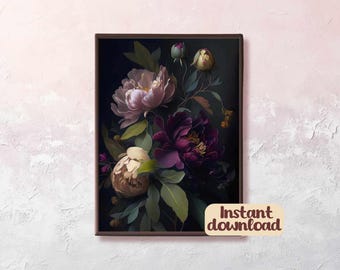 Peony Dark Botanical Wall Art Moody Floral Print Dark Boho Decor Vintage Inspired Printable Painting Gothic Home Decor Dark Academia Print