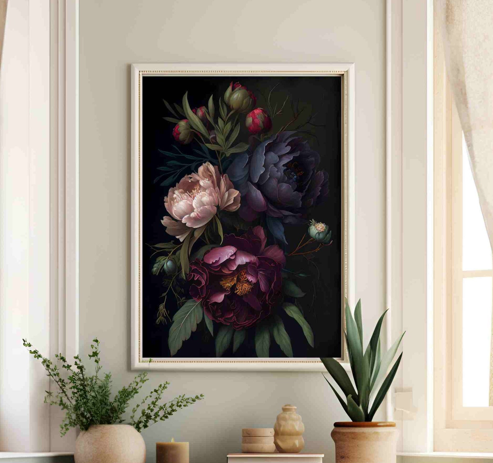 Moody Floral Painting Peony Dark Botanical Wall Art Poster Dark Boho ...