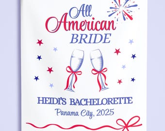 All American Bride Möhippa Banderoll Röd Vit och Blå Festdekoration Patriotiskt Tema Skylt 4 juli Bach Weekend Bakgrund USA Bach Party