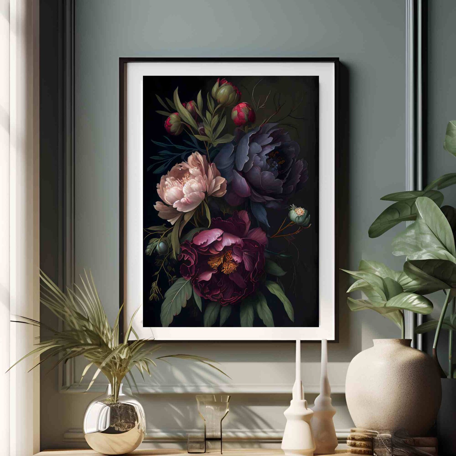 Peony Dark Botanical Wall Art Moody Floral Print Dark Boho Decor ...