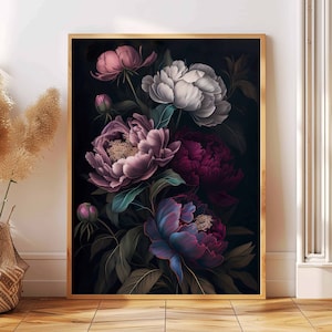 Peinture florale pivoine lunatique : affiche d'art mural botanique sombre - Décoration bohème