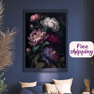 Cuadro floral de melancolía, peonía, arte de pared botánico oscuro, póster enrollado, decoración bohemia oscura, cuadro de flores vintage, decoración del hogar de melancolía, arte académico oscuro