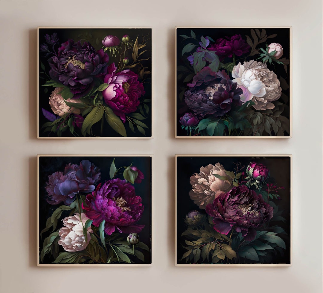 Set of 4 Peony Dark Botanical Wall Art Moody Floral Print Dark Boho ...