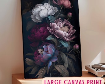 Moody Peony Dark Botanical Wall Art Moody Floral Canvas Dark Boho Decor Dark Academia Print Big Canvas Dark Peony Large Canvas Bedroom Decor