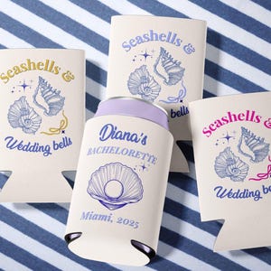 Seashells and Wedding Bells Can Cooler with Name Nautical Bachelorette Party Favor Coastal Drink Sleeve Girls Night Bridal Party Gift
