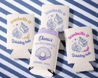 Seashells and Wedding Bells Can Cooler with Name Nautical Bachelorette Party Favor Coastal Drink Sleeve Girls Night Bridal Party Gift