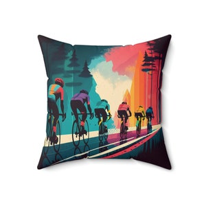 Road Cycling Race Pillow Inspirado en las carreras de montaña Road Cycling Race, arte de bicicleta de diseño artístico vibrante